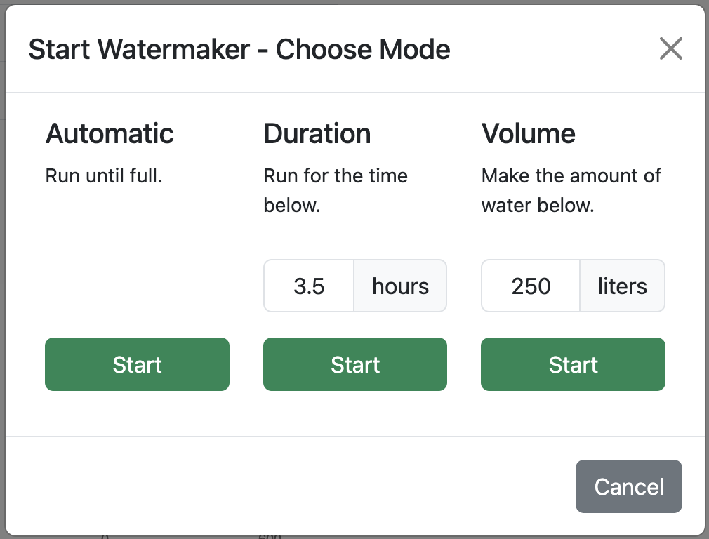 Watermaker Start UI
